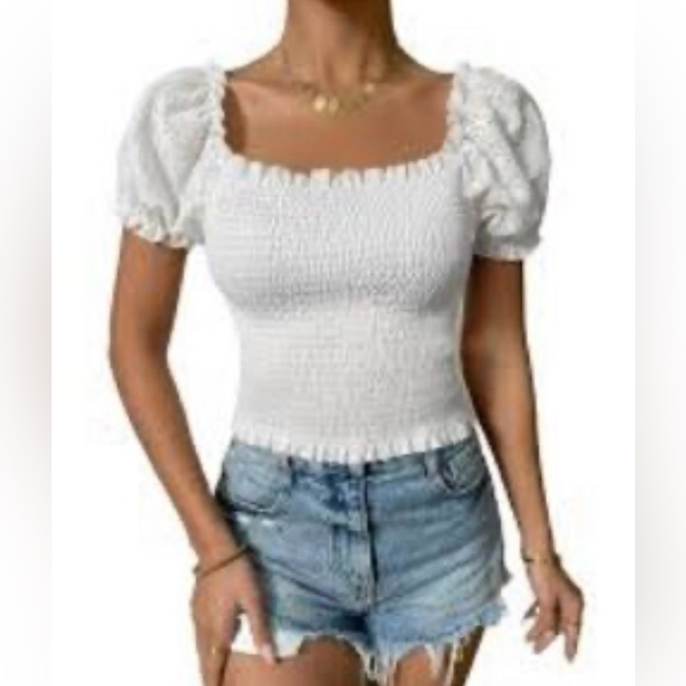 Oat New York NWT Elegant White Smocked Women's Top Short Sleeve Size XL